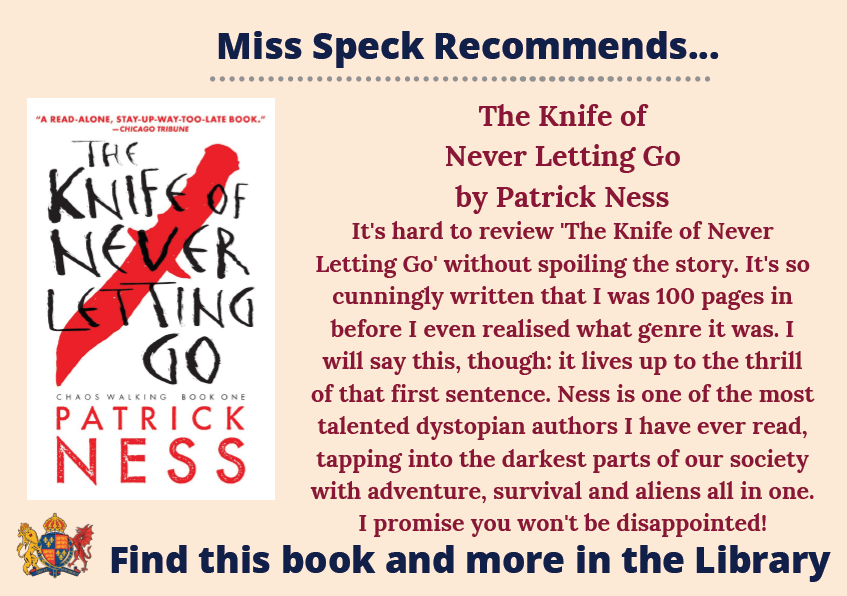 KESSouthampton's tweet photo. Each month, our Librarians will be sharing their book recommendations to encourage our students to read for pleasure!

First up is Miss Speck, our new Library Manager, with her recommendation of #TheKnifeofNeverLettingGo by Patrick Ness. 

#KES #KESLibrary #MissSpeckRecommends https://t.co/iz43EIclc3