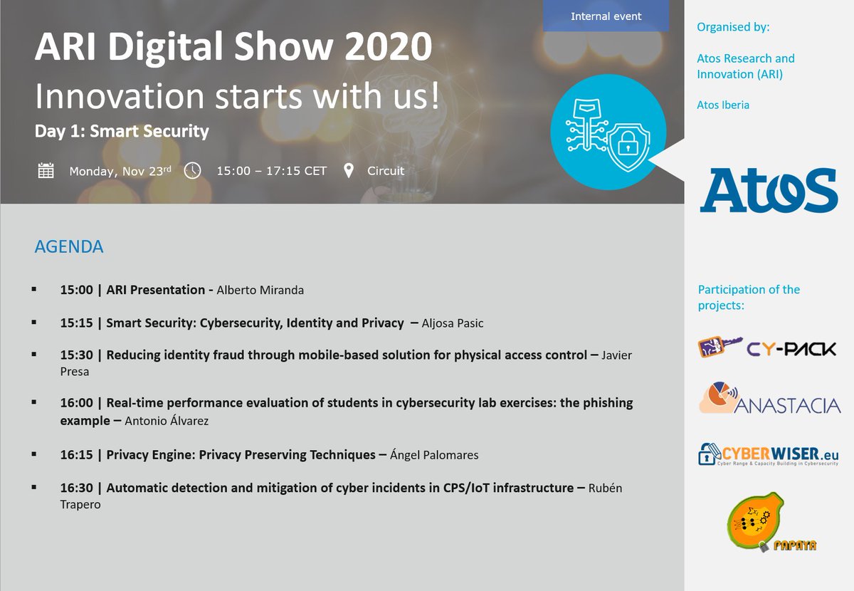 Here we go!Our colleague Alberto Miranda is presenting our  #DigitalShow2020 today focused on  #SmartSecurity. Don't miss the agenda with our projects!