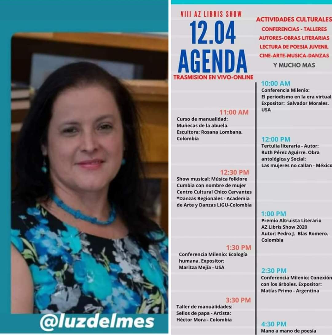 @AZLibrisShow INVITA: Una variada y excelente agenda. Acompañane el 4 de Diciembre a la 1:30 pm ET a explotar la Ecología Humana, influencia cultural. ¡Los esperamos! #azlibris #cultura #conferenia #arte #literatura #ecología 🌿#LuzDelMes ✨