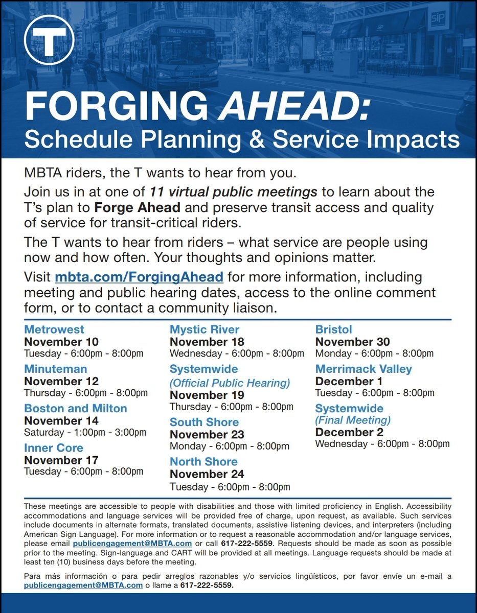 The T wants to hear from riders – what service are people using now and how often. Your thoughts and opinions matter. Visit mbta.com/ForgingAhead for more information.