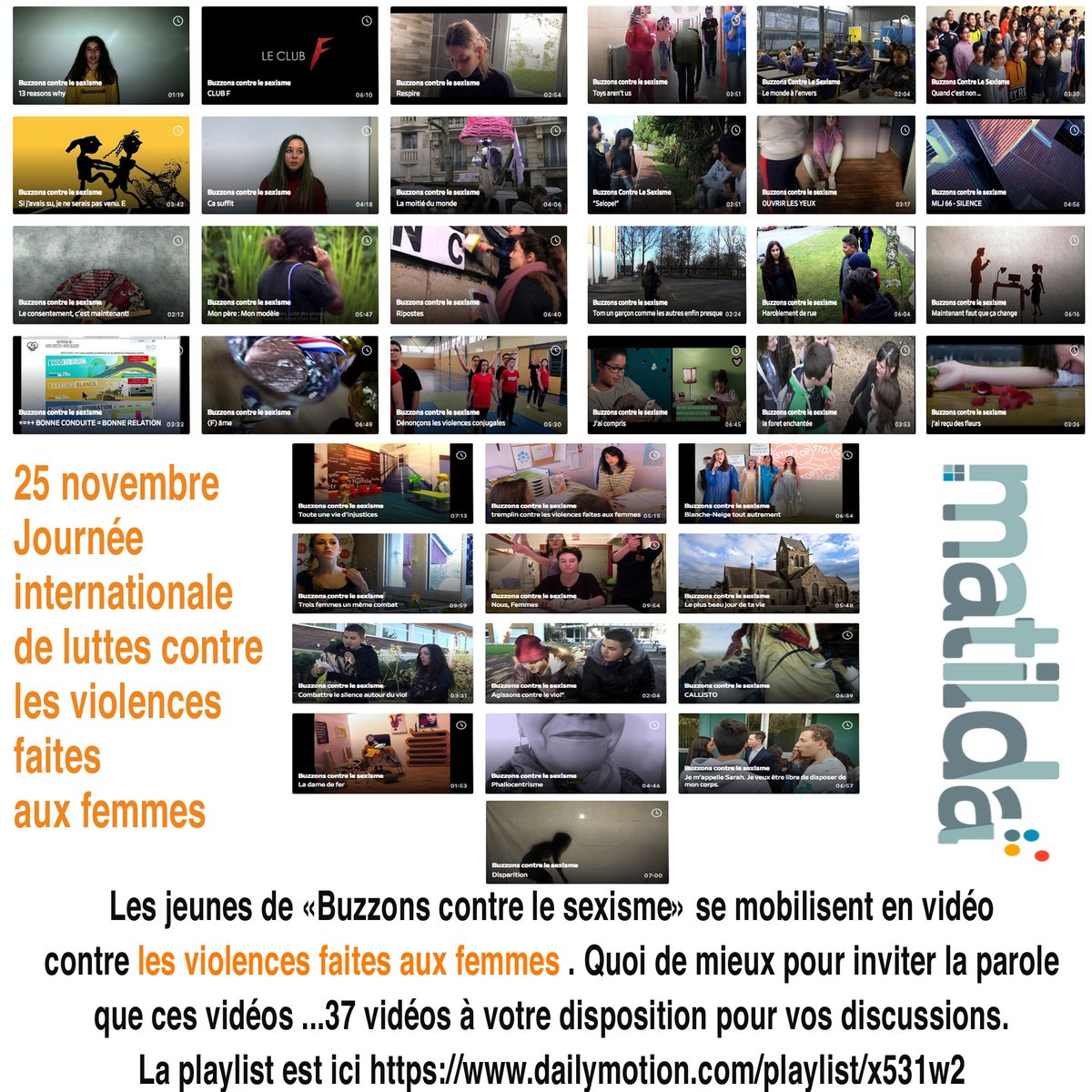 Les jeunes de notre concours vidéo #BuzzonsContreLeSexisme se mobilisent depuis 10 ans contre les violences faites aux femmes. Vous trouverez ici dailymotion.com/playlist/x531w2 la playlist de 37 vidéos pour animer vos discussions autour du 25 novembre, en classe ou ailleurs.