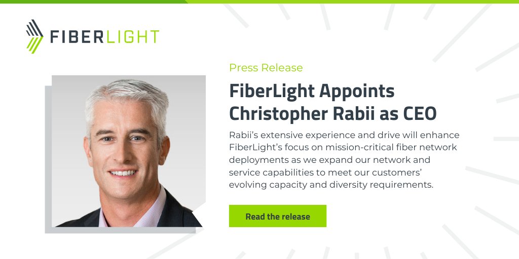 FIBERLIGHT_LLC's tweet photo. We are pleased to announce today the appointment of Christopher Rabii as CEO. Rabii's extensive experience and drive will enhance #FiberLight’s focus on mission-critical #fiber network deployments as we expand our #network and service capabilities. https://t.co/ZaXXnSLLha https://t.co/9fpipuNc8l