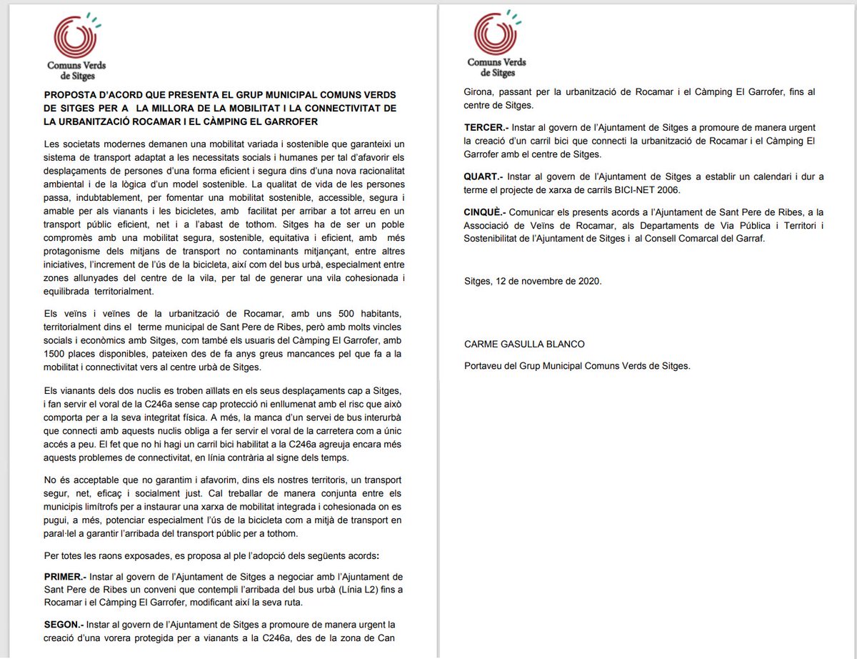 VerdsECSitges's tweet photo. I QUÈ DIU LA PROPOSTA D'ACORD? 🧍♀️🧍♂️
Us deixem el detall d'una de les 3 Propostes d'Acord que portem el pròxim dimecres al Ple Municipal. Per la millora de la mobilitat i la connectivitat, fem un Sitges sostenible.
#femsitgesverd #llavorspelcanvi 🌿 https://t.co/dqjXMwkq8E