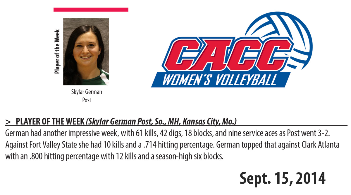 CACC01's tweet photo. #CACC Players of the Week Revisited (Nov. 23, 2020): @GoPostEagles WVBs Skylar German's honor (1 of many throughout her illustrious career) from Sept. 15, 2014 https://t.co/Rqm5I0WwvX