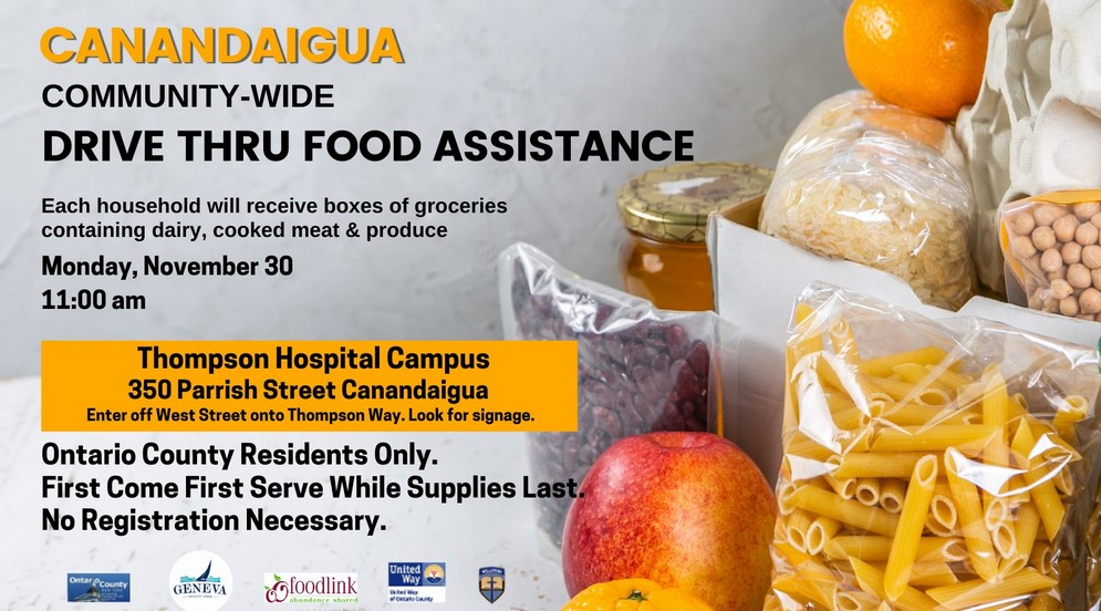 Food insecurity continues to impact area residents, including members of our #FLCC #Laker family. If you're in need, take note: Ontario County residents can get free boxes of food in a drive-through at Thompson Hospital Monday, 11/30 starting at 11 a.m. Nov. 30.