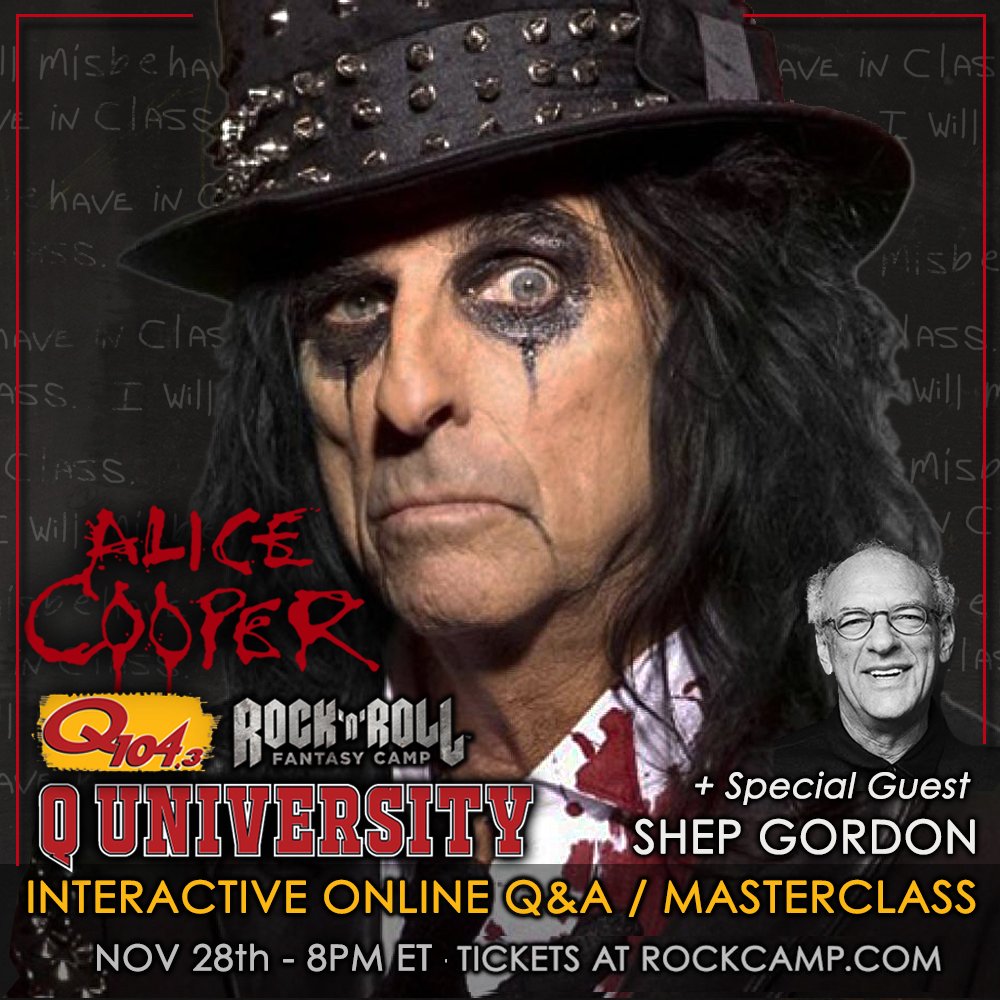 RockFantasyCamp's tweet photo. Also coming this Saturday, November 28th! Q104.3 FM and RRFC Present: Q University with @alicecooper and Shep Gordon! Join The Coop and longtime manager Shep for this interactive experience! Tickets at https://t.co/BaOuHQqraW. 

#alicecooper #shepgordon #singer #schoolsout #shock https://t.co/XCCGBLhNM5