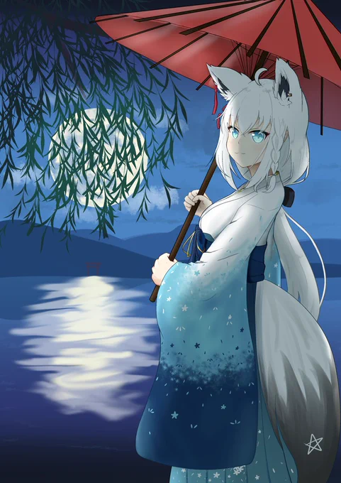 #絵フブキ 
月夜と狐 