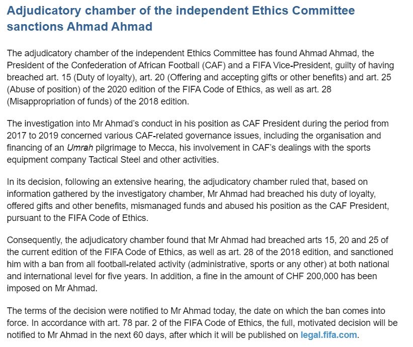 StarrBengarzi's tweet image. CAF President Ahmad Ahmad has been banned by @FIFAcom