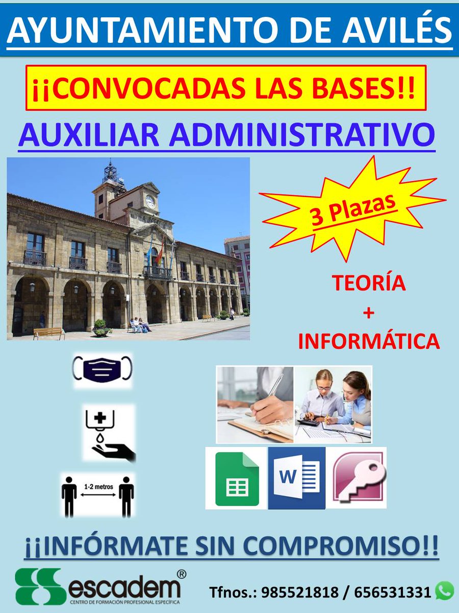 Escadem's tweet photo. ¡¡PRÓXIMAMENTE!! #OPOSICIONES 3 Plazas para el Ayuntamiento de Avilés #AuxiliarAdministrativo Clases Teóricas + Informática ¡Infórmate! #ESCADEM Tlfs. 985521818 / 656531331 ¡¡Con todas las medidas de seguridad!! ¡¡Garantiza tu futuro con nosotros!! https://t.co/5l6IJsVex6