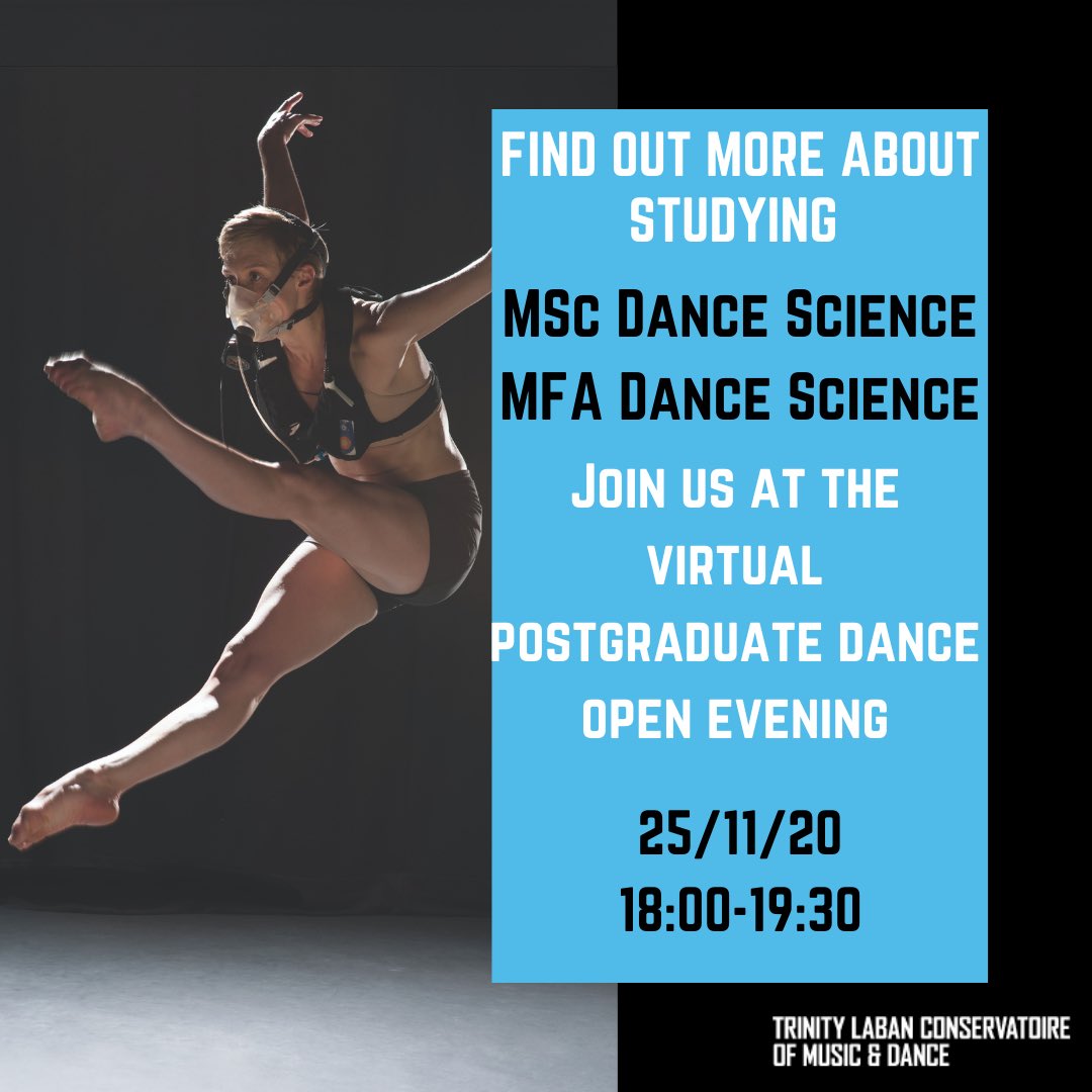 TL_DanceScience's tweet photo. Want to find out more about studying MSc or MFA Dance Science at @trinitylaban?
Come along to the virtual postgraduate dance open evening on Wednesday 25th November 2020!
Link in bio to register
#trinitylaban #tldancescience #dancescience @DrLilianaAraujo @emmaredding3 https://t.co/afbArYpLmd