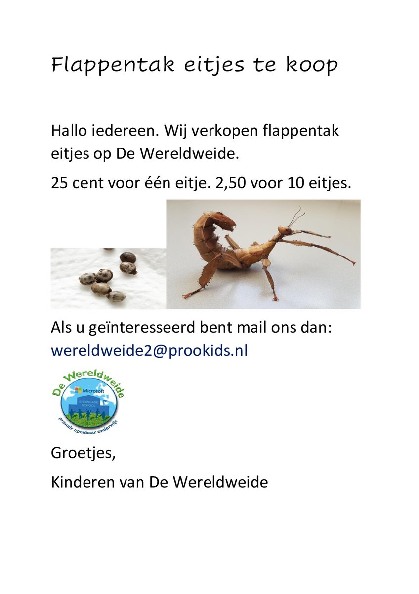 Flappentak eitjes te koop. Het duurt ongeveer 5 maanden voordat de eitjes uitkomen. De eitjes zijn van de maanden augustus tot november. De eersten kunnen al in januari uitkomen. Voor meer informatie wereldweide2@prookids.nl