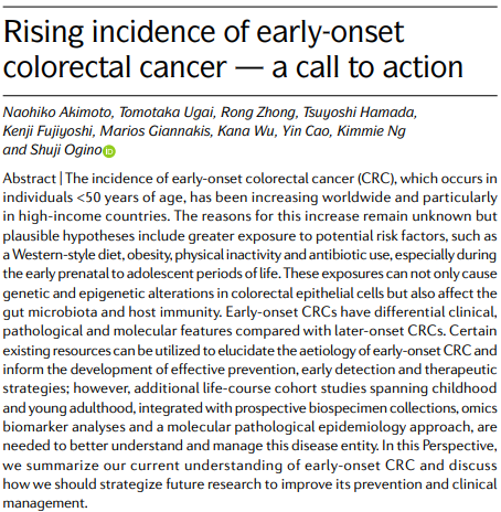 NatRevClinOncol's tweet photo. New Perspective by @yincaoScD, @ng_kimmie, @shuji_ogino and colleagues: 'Rising incidence of early-onset colorectal cancer β a call to action' - https://t.co/r3nIwne0Ja #CRCSM #caepid #caenv https://t.co/Kg9szmppga