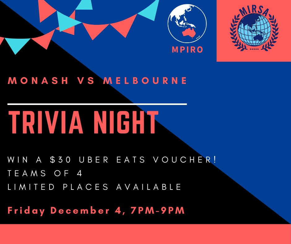 Monash_MIRSA's tweet photo. Join us for a great night of virtual trivia with Melbourne Postgraduate International Relations Organisation!

The university that collects the greatest total score will become the trivia champion for 2020!

https://t.co/SR0YBaQoxB https://t.co/rbx8m9B92J