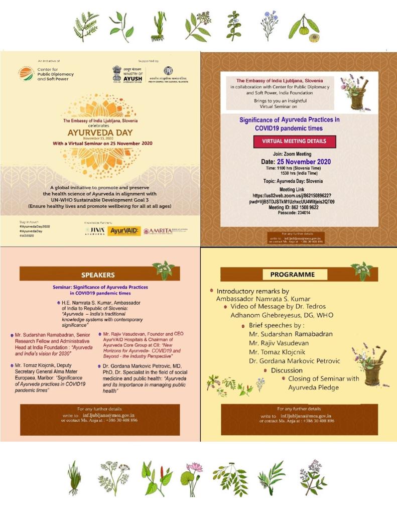 IndiainSlovenia's tweet photo. Eminent speakers from #India &amp; #Slovenia come 2gether to share their knowledge &amp; expertice. Join to learn the  "Significance of #Ayurveda practices in #COVID19 pandemic times" at a virtual seminar brought to you by @IndiainSlovenia on 25/11 @ 1100 hrs Slovenia time. @AlmaMaterEDU https://t.co/Fdj0sXoYX7