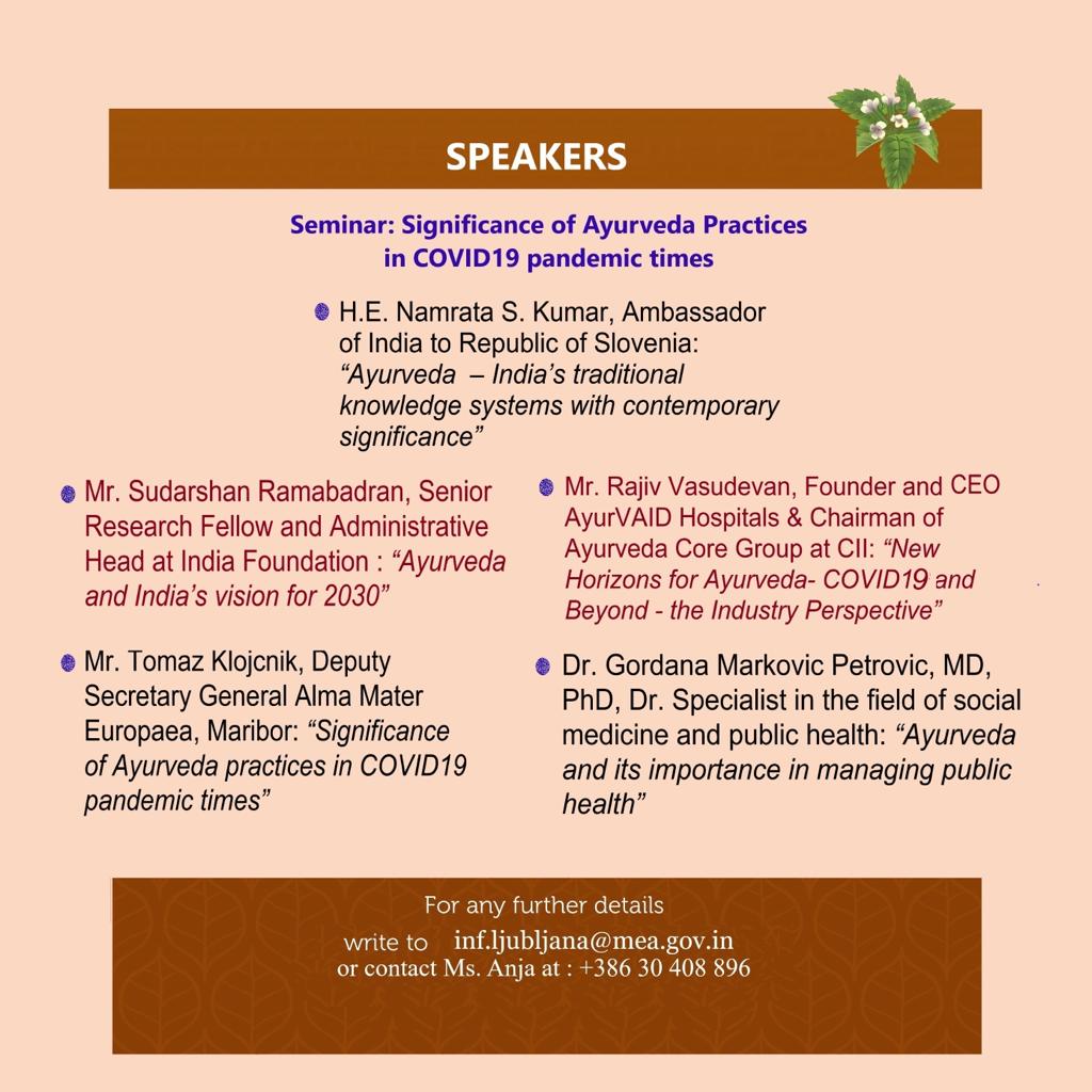 IndiainSlovenia's tweet photo. Eminent speakers from #India &amp; #Slovenia come 2gether to share their knowledge &amp; expertice. Join to learn the  "Significance of #Ayurveda practices in #COVID19 pandemic times" at a virtual seminar brought to you by @IndiainSlovenia on 25/11 @ 1100 hrs Slovenia time. @AlmaMaterEDU https://t.co/Fdj0sXoYX7
