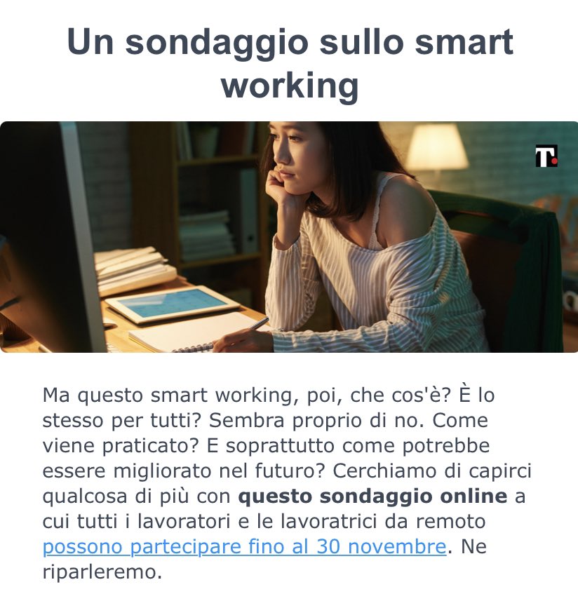 alelomi's tweet photo. Ringrazio #TrueNews per aver inserito la nostra #survey #smartworking nella loro newsletter! 
Un appuntamento quotidiano e settimanale sui temi più attuali. Oggi si parla di #lavoro. Grazie! 
Iscrivetevi 👇
https://t.co/QTeQJ6QEyn https://t.co/qarekaCidk