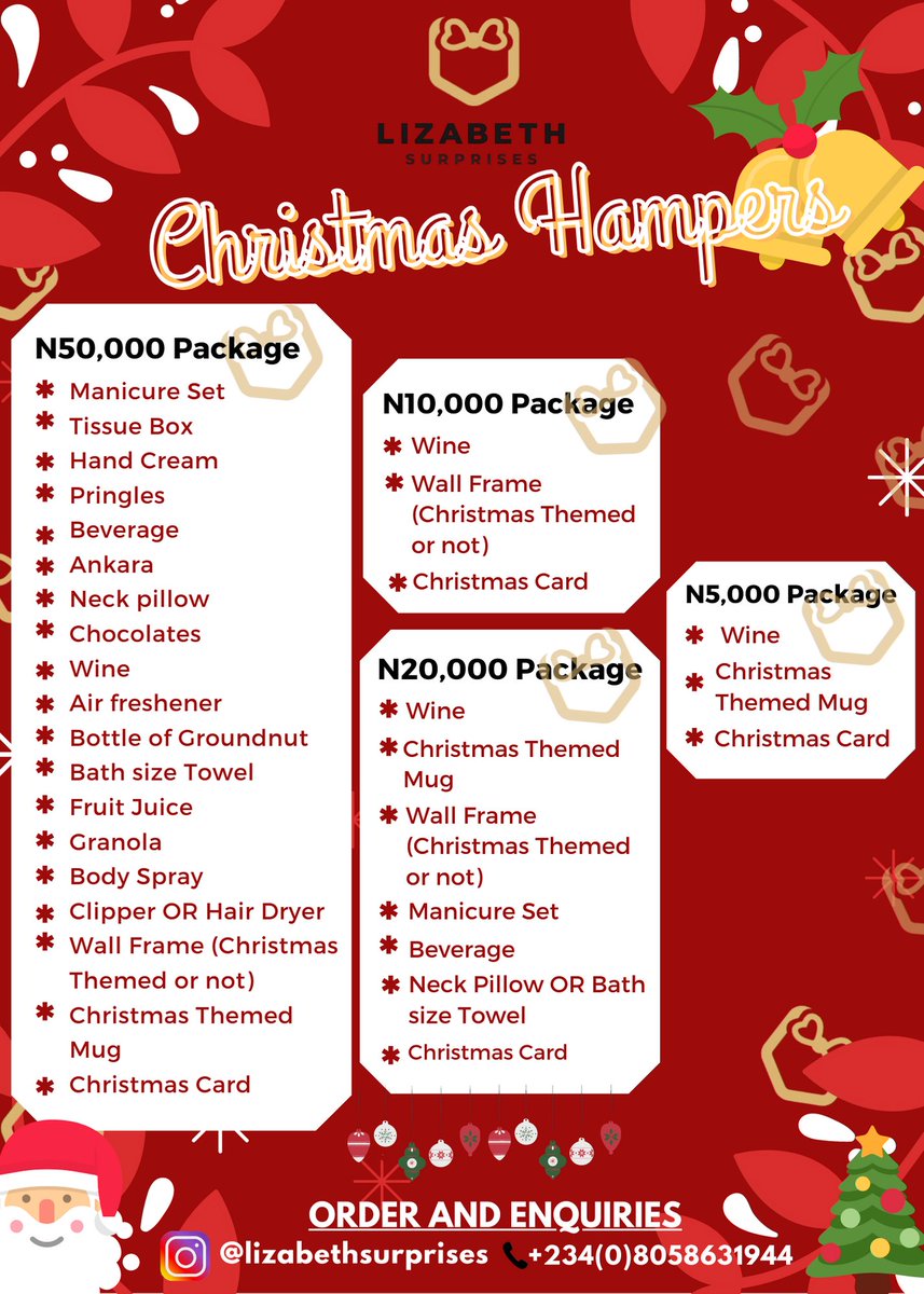LizSurprises's tweet photo. We have the most affordable,useful and beautiful hampers you can get this season.

Our hampers range from #5,000-#100,000

*Discount is available for bulk orders and gifts for referrals.
Send us a DM or Call/WhatsApp 08058631944

#Christmaspackage #Christmaspackagelagos https://t.co/yGo9tmZQmU