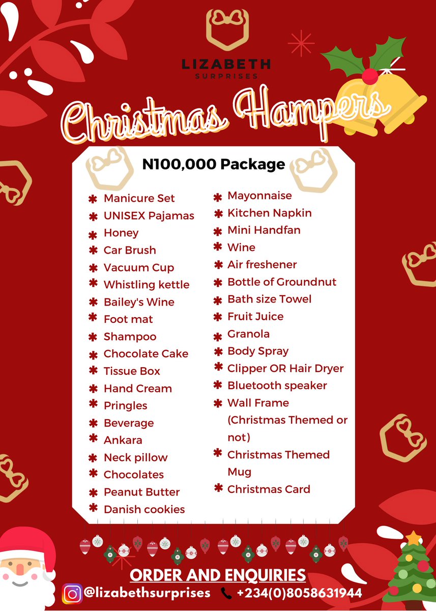 LizSurprises's tweet photo. We have the most affordable,useful and beautiful hampers you can get this season.

Our hampers range from #5,000-#100,000

*Discount is available for bulk orders and gifts for referrals.
Send us a DM or Call/WhatsApp 08058631944

#Christmaspackage #Christmaspackagelagos https://t.co/yGo9tmZQmU