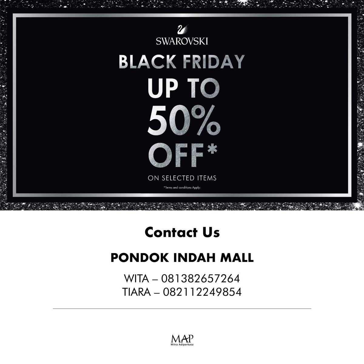 PondokIndahMall's tweet photo. A sparkling Black Friday surprise with SWAROVSKI! Get your favorite Swarovski items and receive up to 50% Off* when you shop at Swarovski Pondok Indah Mall! Shop safely from home by clicking the link on @mapfashioin Bio. T&C applies. #SparksDelight #StillBeStylishAtHome https://t.co/TpTJxUdJEP