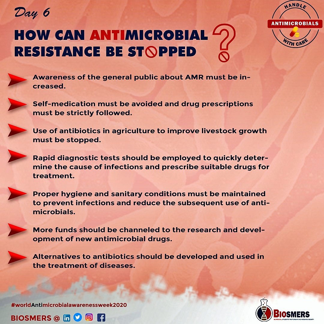 Biosmers_'s tweet photo. Day 6:
AMR is not restricted to a particular area. It is widespread and every nation worldwide is endangered by this new defiance of microbes.

Curbing AMR requires collective effort from every individual, every organisation, every nation and every region. https://t.co/Cp2nwL44Qy
