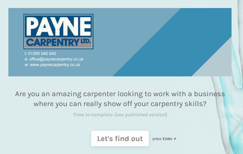 We are recruiting! Do you want to work with an amazing company that respects the people who work there?
Click on this link
#construction #carpenters #jobs #recruitment #SouthWest #Exeter #Yeovil #Honiton #Torbay #Taunton #MondayMotivation #ConstructionNews
info531030.typeform.com/to/jGTgy0mM