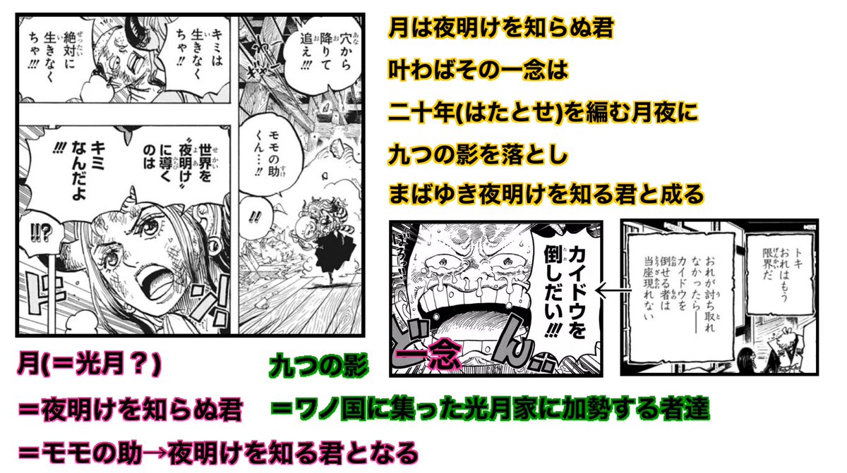 Log ワンピース考察 V Twitter 今週のワンピ 世界を夜明けに導くのはモモ て事は 光月トキがこの世を去る直前に詠んだ句は モモの助の事を表してたのかも こんな解釈 も出来る
