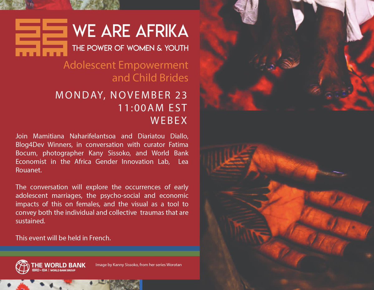 YTAfrica1's tweet photo. 👩‍💻 [WEBINAIRE] #Art4Dev 

Rejoignez le LIVE ce lundi 23 Novembre à 16h00 GMT aux côtés de @MamitianaNah @DIALLODiariato8 @fatima_bocoum 
Le thème portera sur: "Le pouvoir des Femmes et des jeunes pour lutter contre les mariages d'enfants par l'art visuel" https://t.co/rJOuT4PD9d https://t.co/2nFB011wGc