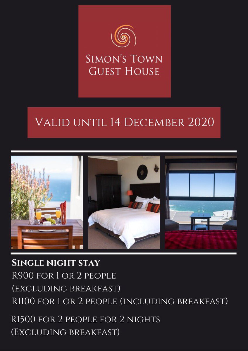 Book your stay with is at Simon’s Town Guest House during November, qualify for our incredible offer and have a super relaxing stay.
simonstownguesthouse@gmail.com 
Tel: 0217865552
simonstownguesthouse.co.za
#simonstownguesthouse
#simonstownaccommodation
#simonstown