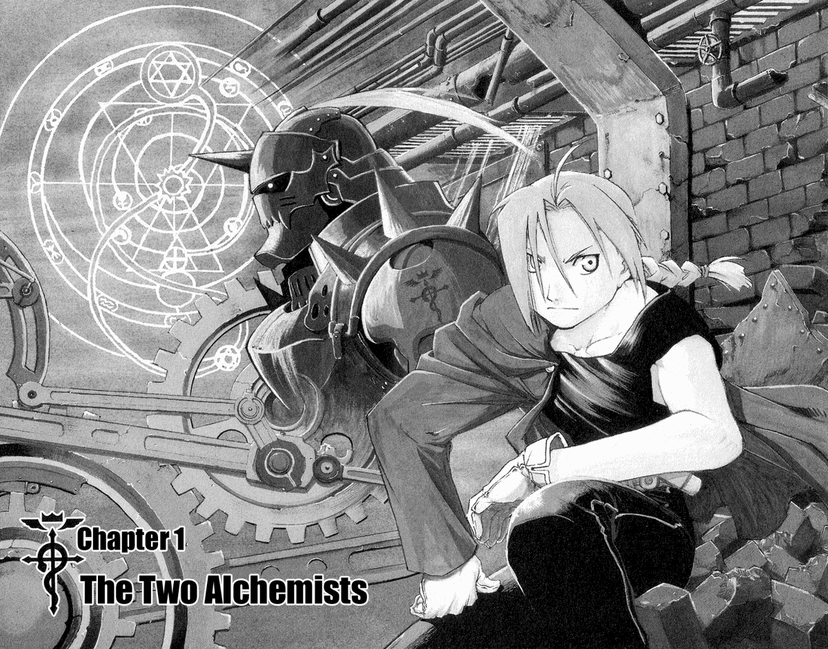 encounter with the center of the world in Hohenheim/Father representing its good will and malevolence/arrogance at it's absolute extremes(maybe thread later), learning and overcoming that, achieving his refined goal at solar eclipse.Only half of the cover for chapter 1. Neat huh