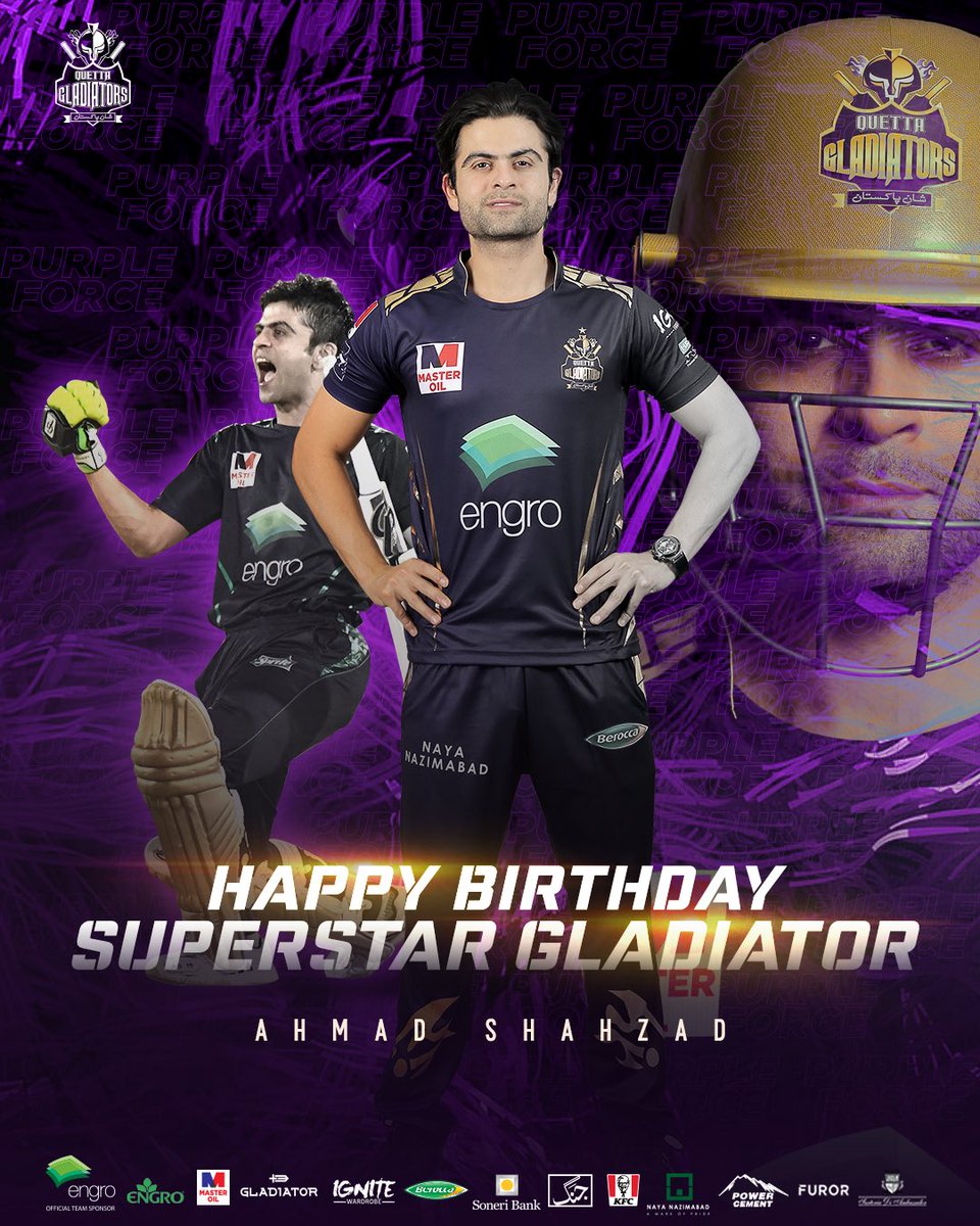 TeamQuetta's tweet photo. 🎊🥳🥳 Here’s wishing our Superstar 🌟Gladiator @iamAhmadshahzad a very Happy Birthday❗️ 

🏏2️⃣1️⃣9️⃣ T20s
🔥5️⃣9️⃣7️⃣9️⃣ Runs
🙌5️⃣ 💯

#PurpleForce #ShaanePakistan #wethegladiators https://t.co/qdnKG6PzYt
