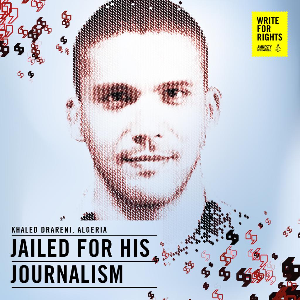 amnesty's tweet photo. Khaled Drareni, a journalist in Algeria, was put in prison simply for covering protests calling for political reform. He played a critical role in documenting and livestreaming protests to his followers. He must be freed now. 

Take action: https://t.co/RwyOBXbwkh #W4R20 📢✍️ https://t.co/veCWpF2hRh