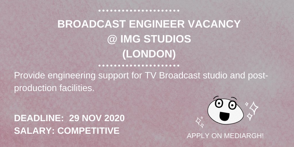 Broadcast Engineer Vacancy
@ IMG Studios
(London)

Apply here: bit.ly/2J0E3Bw

#Tvjobs #filmjobs #mediajobs #broadcastingjob