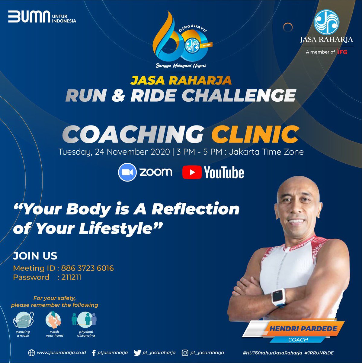 pt_jasaraharja's tweet photo. Jasfren, Yuk ikutan Coaching Clinic Selasa 24 November pukul 3 sore !
Ada Coach Hendri Pardede sebagai narasumber yang bisa bikin kalian makin suka sama olahraga. Bisa tanya jawab juga lhooo. 

#HUT60tahunJasaRaharja 
#JRRUNRIDE
#JasaRaharja
#BUMNUntukIndonesia https://t.co/X5ua9UXXPy