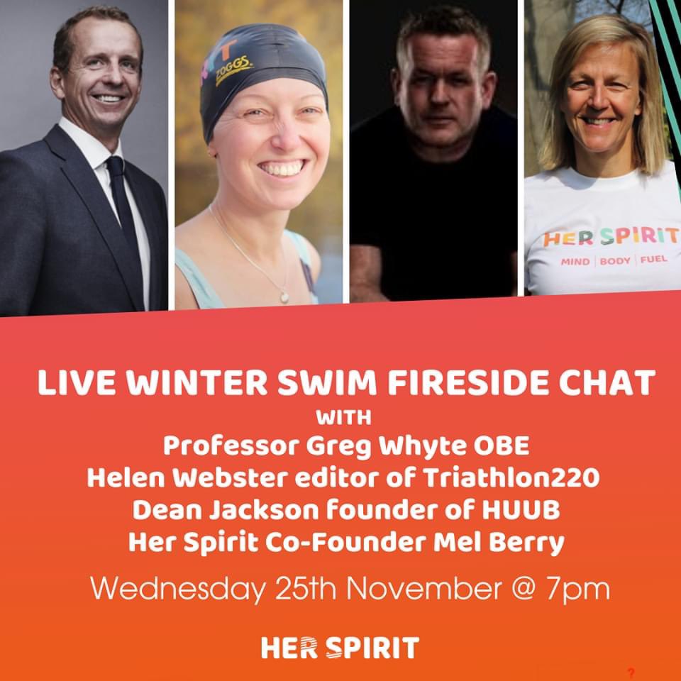 Join us on Wednesday at 7pm for a LIVE Fireside Swim Chat with <a href="/gpwhyte/">Greg Whyte OBE</a>, <a href="/Helen_Webster/">Helen Webster</a> editor of <a href="/220Triathlon/">220 Triathlon</a>, Dean Jackson founder of <a href="/HUUBDesign/">HUUB Design</a> &amp; Her Spirit Co-Founder <a href="/MelVeryBerry/">Melanie Berry</a>.

Download the Her Spirit App and join us LIVE at 7pm.