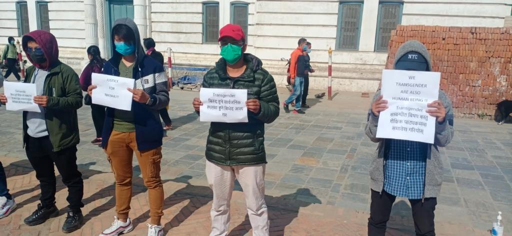 WeAreAPTN's tweet photo. On #TDOR2020 from
@bds_nepal #nepal
"15 trans people gathered in heart of the city called Basantapur Durbar square holding pla card stating to stop violence, #TDOR 2020, Call for law to trans violence and brutality, curriculum to address trans issue, Justice for #Nikisha" https://t.co/D0cM31dG0u