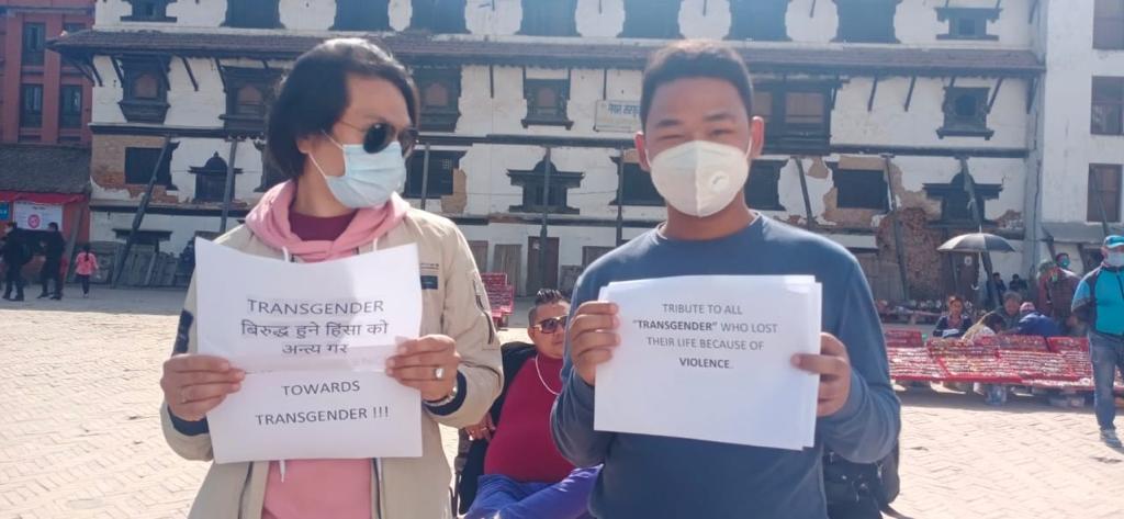 WeAreAPTN's tweet photo. On #TDOR2020 from
@bds_nepal #nepal
"15 trans people gathered in heart of the city called Basantapur Durbar square holding pla card stating to stop violence, #TDOR 2020, Call for law to trans violence and brutality, curriculum to address trans issue, Justice for #Nikisha" https://t.co/D0cM31dG0u