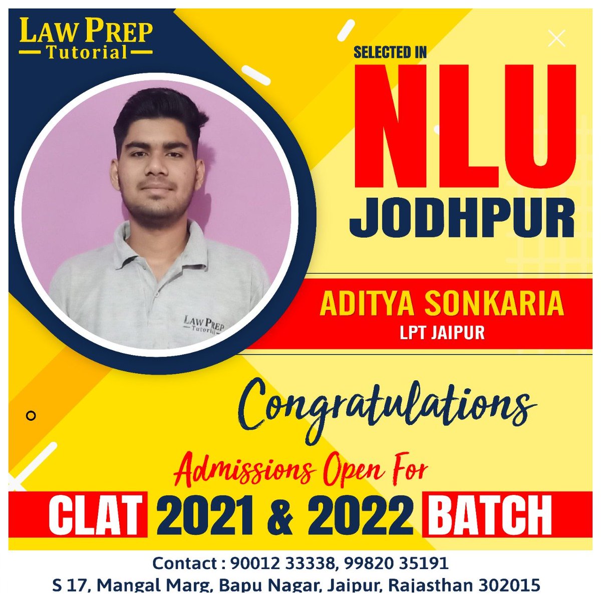 LegaledgeJpr's tweet photo. We congratulate Aditya Sonkaria on getting selected in the top Nlus. 

Join new batch for CLAT 2021 and CLAT 2022 starting from 21 Nov 2020. Admissions Open!

#LawPrepJaipur #LawPrep #CLAT2021 #TargetCLAT #TargetCLAT2021 #StudyNow #EnrollNow #CLATPreparation #AdmissionsOpen https://t.co/BM83giSo7M