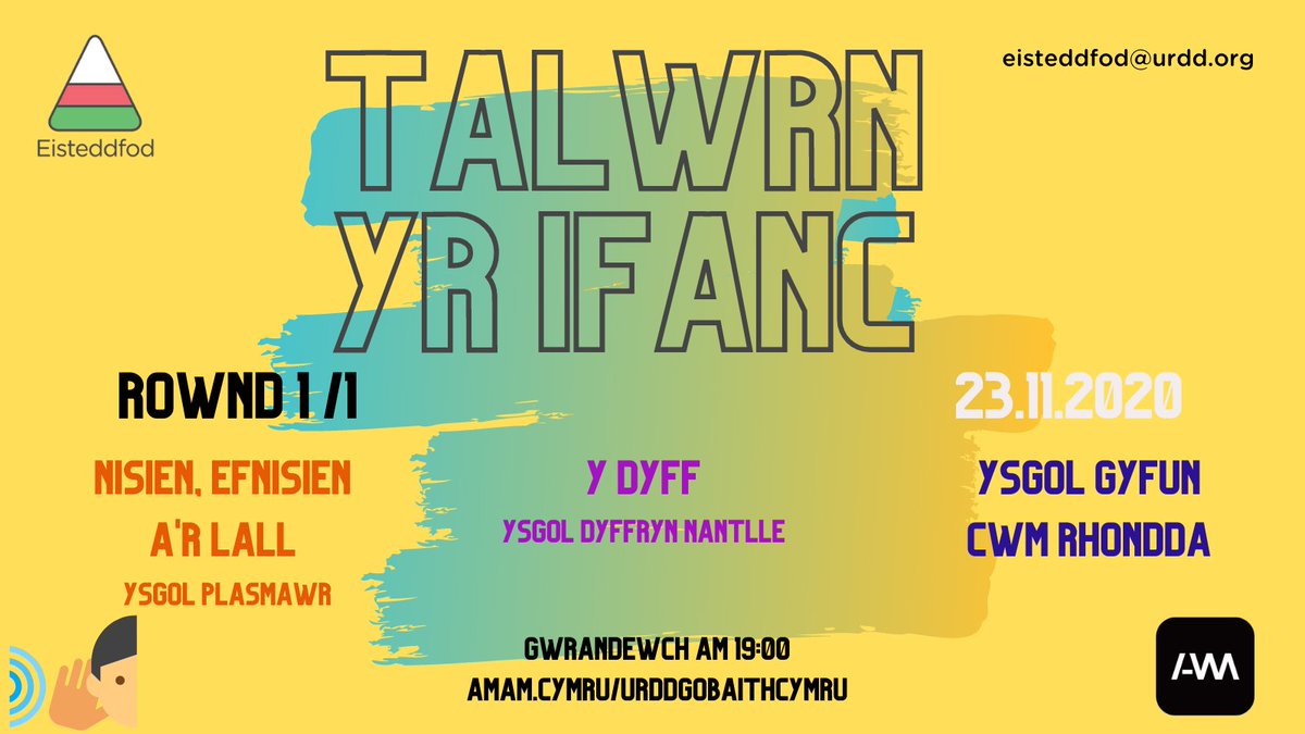 📻Rownd gyntaf TALWRN YR IFANC heno 🗣️
Gornest farddonol rhwng <a href="/YsgolPlasmawr/">Ysgol Gyfun Gymraeg Plasmawr</a> , <a href="/YDNantlle/">YsgolDyffrynNantlle</a> ac Ysgol Gyfun Cwm Rhondda, dan arweiniad <a href="/BarddPlant/">Bardd Plant Cymru</a> , 
<a href="/Gruffudd_Owen/">Gruffudd Owen</a>.
📅19:00 ar <a href="/ambobdim/">AM</a>
 amam.cymru/urddgobaithcym…
<a href="/BBCRadioCymru/">Radio Cymru</a>      <a href="/LlenCymru/">Llenyddiaeth Cymru</a>