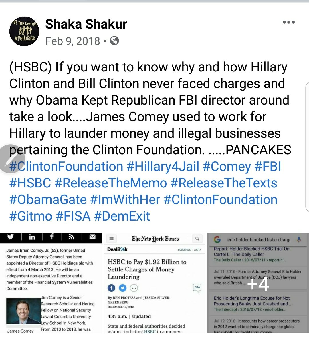 2018*post*(HSBC) If you want to know why and how Hillary Clinton and Bill Clinton never faced charges and why Obama Kept Republican FBI director around take a look...James Comey used to work for Hillary to launder money and illegal businesses pertaining the Clinton Foundation..