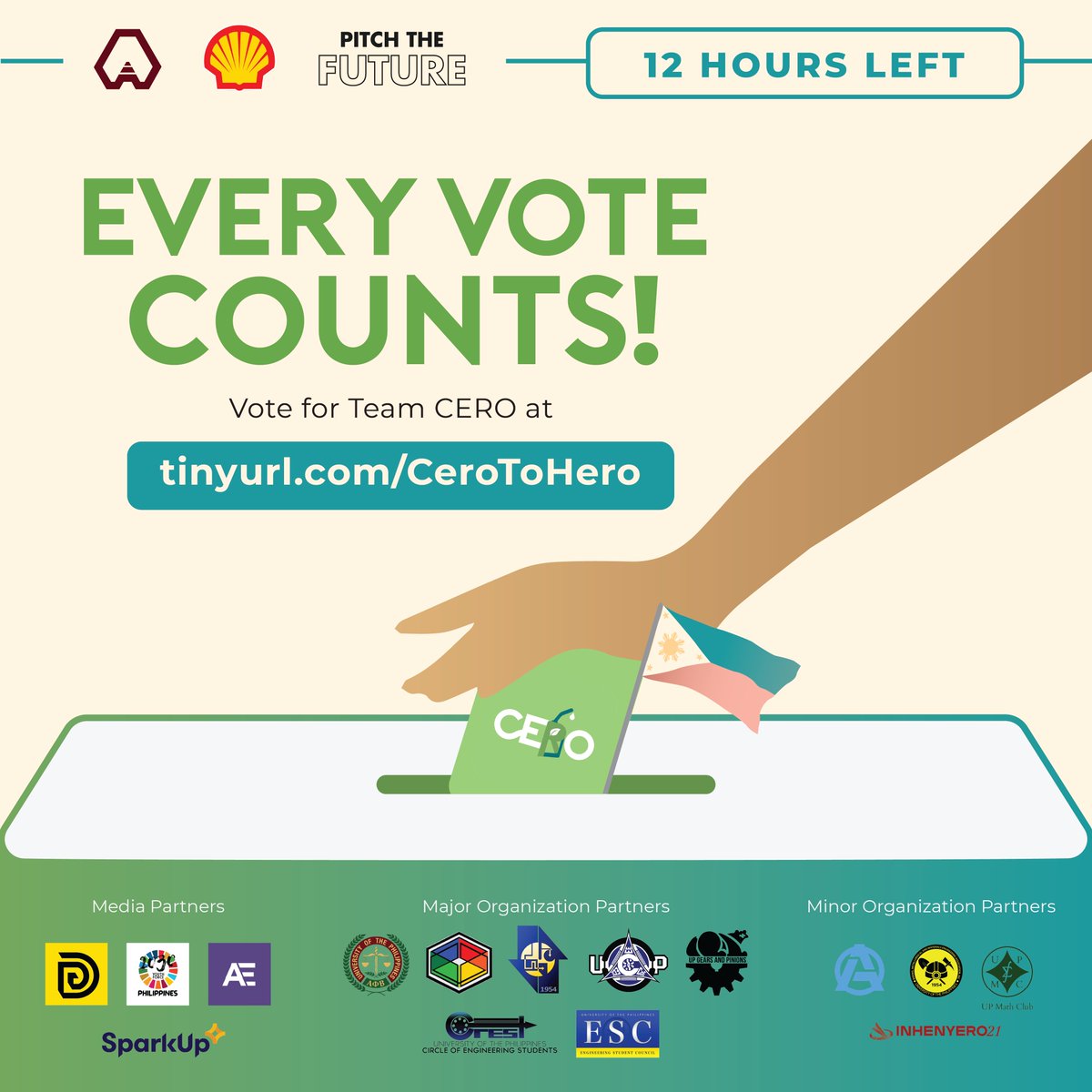 TeamAlamatUP's tweet photo. 12 HOURS LEFT. 
EVERY. VOTE. COUNTS!

Help Alamat UP, and PH to win the title of Global Champion! And it can happen with YOUR vote.

So VOTE now 👇👇👇
🇵🇭 https://t.co/m5VtZBleIG 🇵🇭

#VoteForAlamatUP
#VoteForCERO
#SEMPitchTheFuture
#FromZEROtoCERO
#PinoyPride https://t.co/WZuQrTgu9C