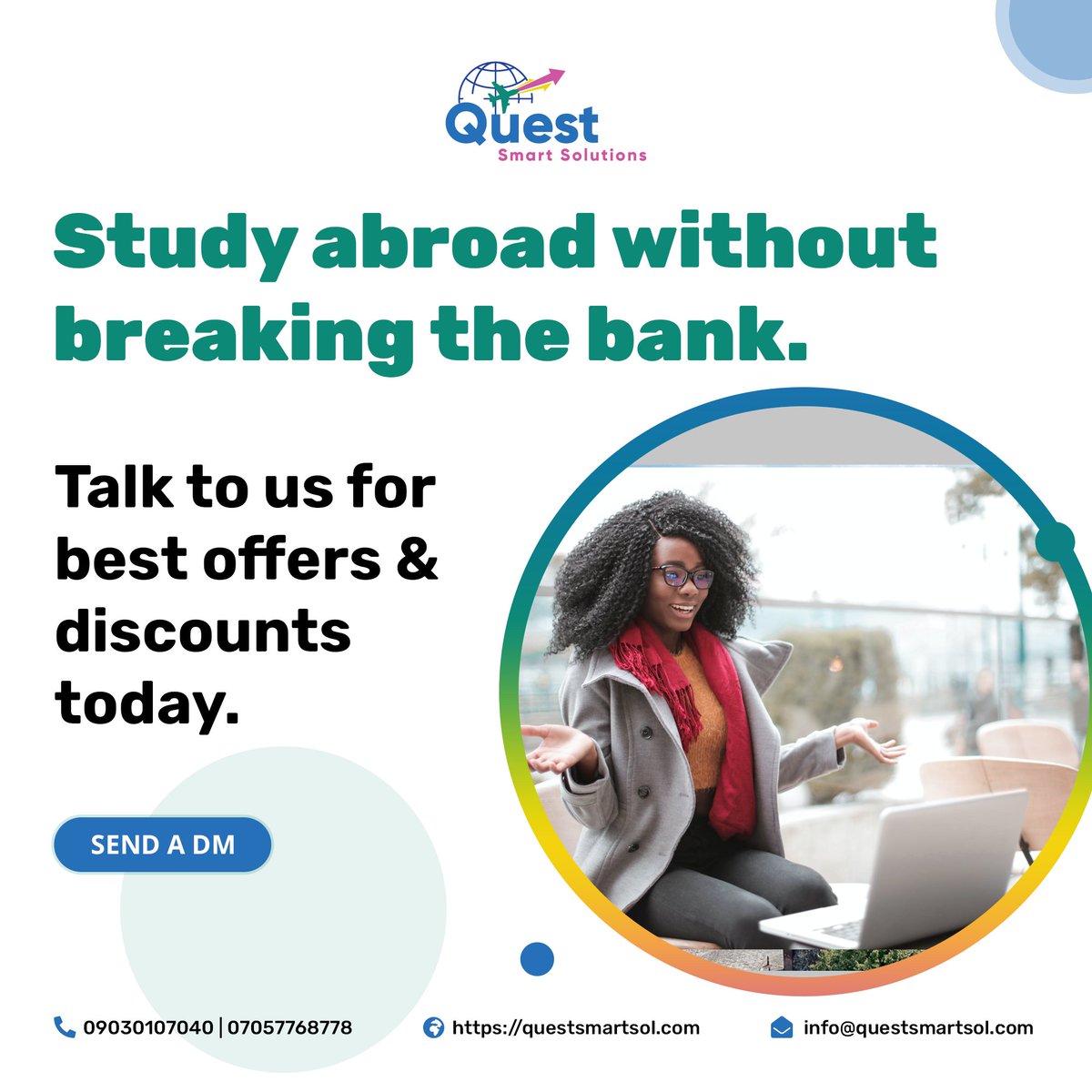 questsmartsol's tweet photo. Study abroad without breaking the bank. 
Talk to us for best offers and discounts today. https://t.co/OhkW4w7fjZ