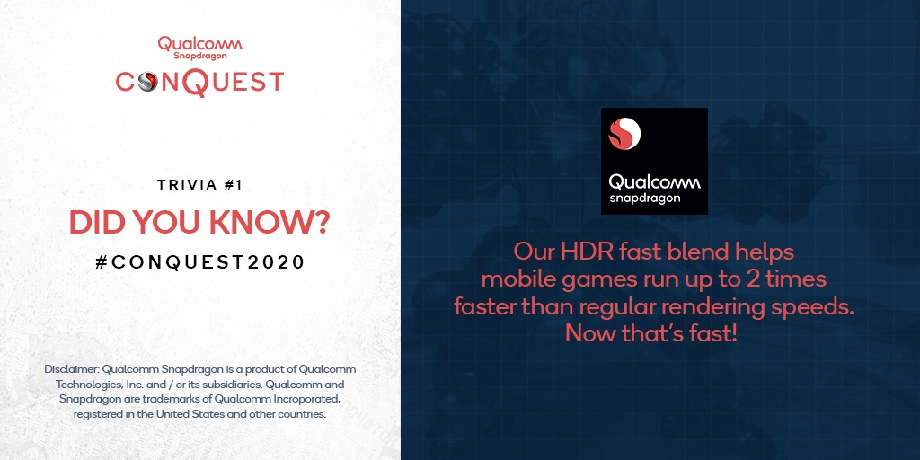 _ConquestEsport's tweet photo. Snapdragon’s advanced gaming arsenal is bringing desktop-level gameplay to the smartphone. We’ve got a series of fun trivia to tell you more about it. Here’s trivia #1​

#Snapdragon #conquest #conquest2020 https://t.co/cEzJeW9br1