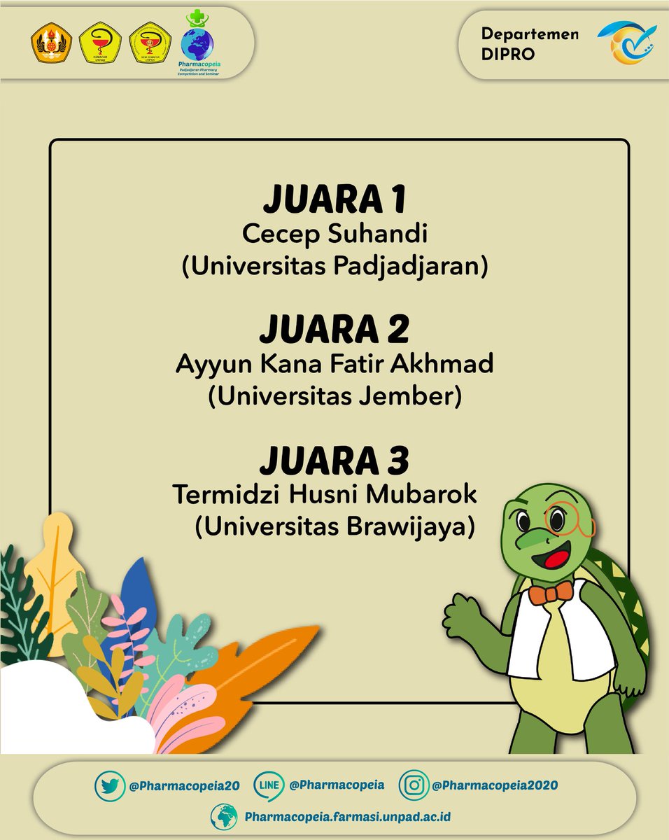 [Pemenang Lomba Pharmacopeia 2020✨]

Selamat kepada seluruh pemenang perlombaan Pharmacopeia 2020. Terimakasih atas antusias dan kontribusi untuk acara Pharmacopeia 2020, untuk seluruh teman teman yang belum menang, jangan berkecil hati, masih banyak kesempatan untuk mencoba✨
