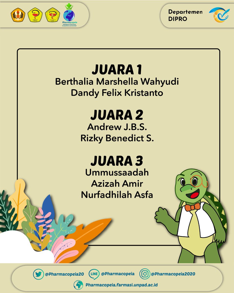 [Pemenang Lomba Pharmacopeia 2020✨]

Selamat kepada seluruh pemenang perlombaan Pharmacopeia 2020. Terimakasih atas antusias dan kontribusi untuk acara Pharmacopeia 2020, untuk seluruh teman teman yang belum menang, jangan berkecil hati, masih banyak kesempatan untuk mencoba✨