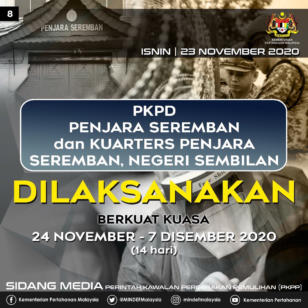 Mindef Malaysia A Twitter Infografik Sidang Media Perkembangan Perintah Kawalan Pergerakan Pemulihan Pkpp 23 November 2020 Pelaksanaan Pkpd Di Penjara Seremban Dan Kuarters Penjara Seremban Negeri Sembilan Mindefmalaysia Https T Co Dbmmijprtf