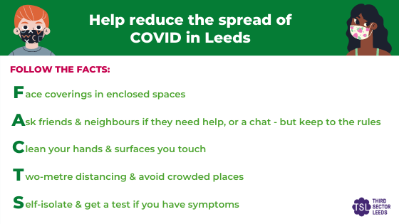 Simple and clear message coming from #thirdsectorLeeds
#handsfacespace #keepingharehillssafe
@OrionENE @fgfleeds @ZestLeeds @space2leeds @harehills111 
if we adhere to these simple rules we can protect our loved ones and each other by reducing the spread of COVID