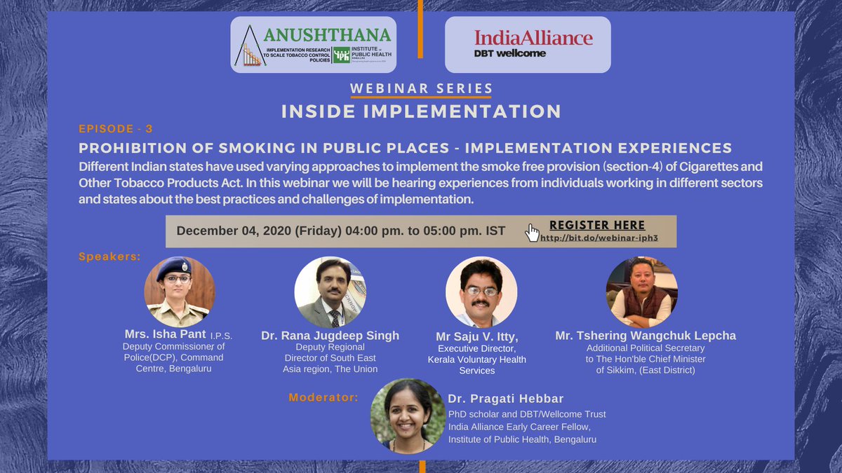 iphindia's tweet photo. Know the best practices and challenges from individuals working in various fields on implementing the Section- 4 or #smokefree provision of Cigarettes and Other Tobacco Products Act (#COTPA). Join the webinar by registering here: https://t.co/21R7jhxcU6
#InsideImplementation #IPH https://t.co/eTw9MJHBp1