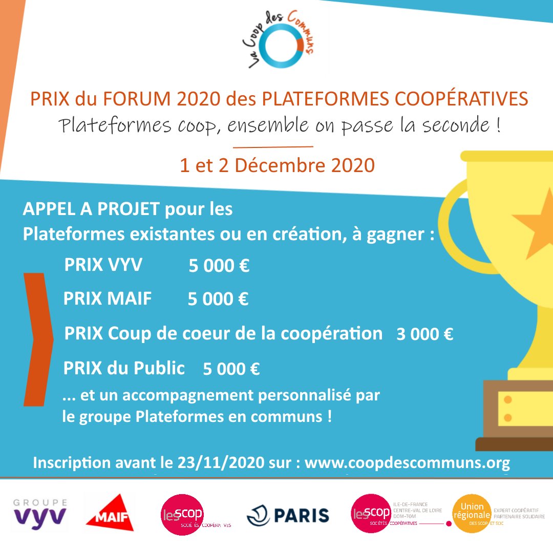 CoopdesCommuns's tweet photo. Merci pour toutes vos candidatures aux Prix du Forum 2020 des Plateformes Coopératives ! 🏆

Il vous reste jusqu'à minuit ce soir pour nous envoyer votre vidéo 😉 et à partir de demain, on passe on vote du public !! ❤️ https://t.co/HbeEonbjDm