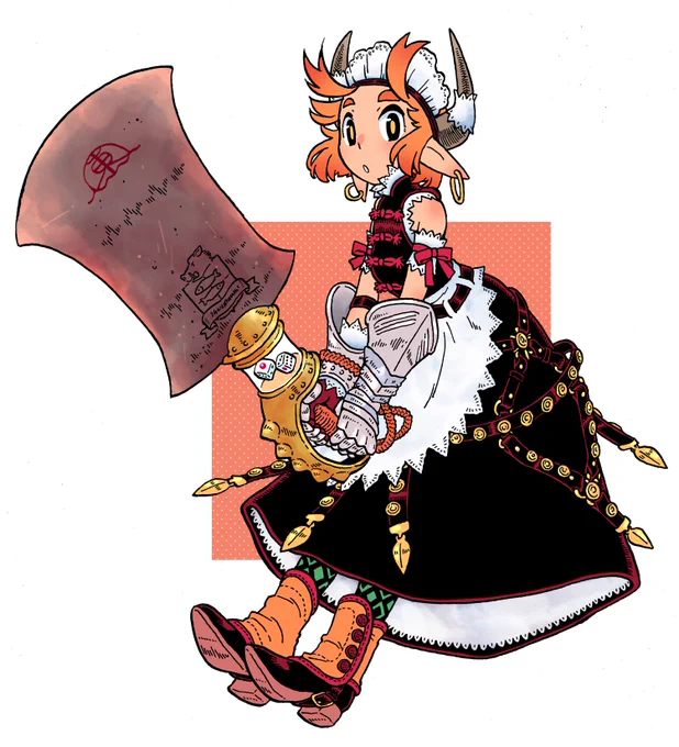 ティアのポップ用に描いた謎のメイド娘さん。こういう感じの絵、ひさしぶりだわーあかんわー。ゲーム中盤のそこそこ強い敵みたいな感じです。 
