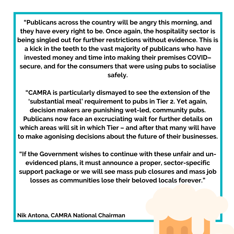 CAMRA_Official's tweet image. Commenting on the upcoming announcement of tougher Tier restrictions in England from 2 December, please find the attached comment from Nik Antona, CAMRA National Chairman.

Read it on our website 👉  ow.ly/z5sd50CrXTZ